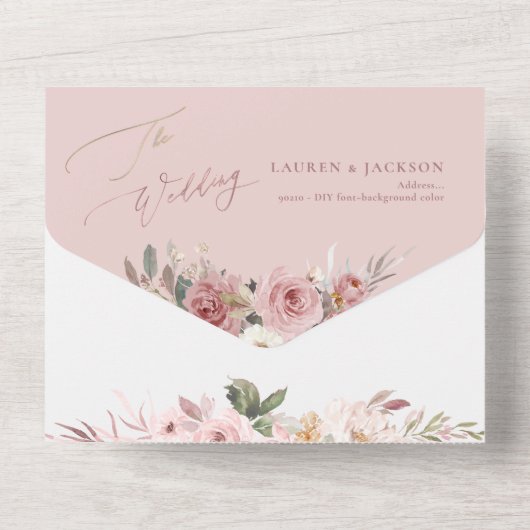 ArtsApp Elegant Stoffig Roze Rozen, Roos Goudstof All In One Uitnodiging (Achterkant)