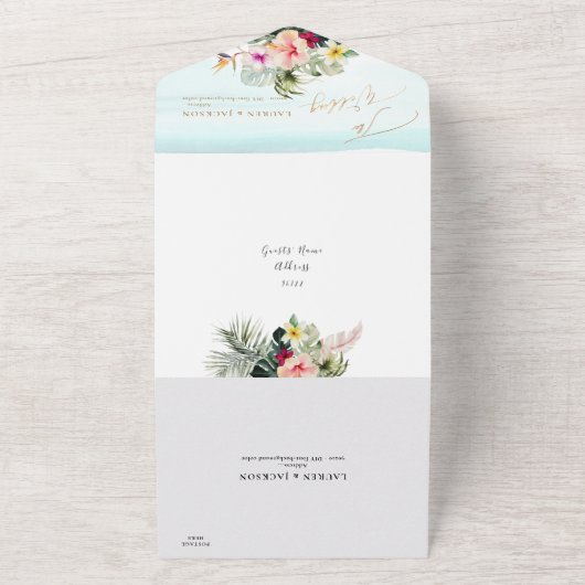 ArtsApp Elegant Tropisch Paradise Faux Gold Accent All In One Uitnodiging (Buitenkant)