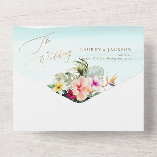 ArtsApp Elegant Tropisch Paradise Faux Gold Accent All In One Uitnodiging (Achterkant)