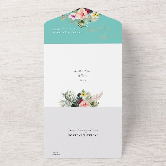 ArtsApp Elegant Tropisch Paradise Faux Gold Accent All In One Uitnodiging (Buitenkant)