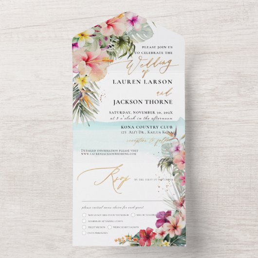 ArtsApp Elegant Tropisch Paradise Faux Gold Accent All In One Uitnodiging (Binnen)