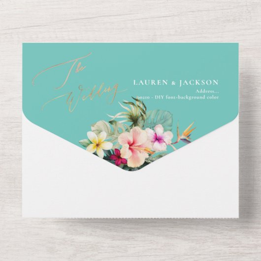 ArtsApp Elegant Tropisch Paradise Faux Gold Accent All In One Uitnodiging (Achterkant)