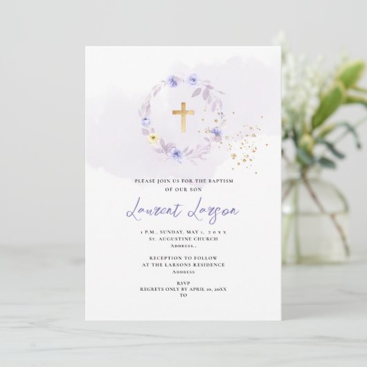 ArtsApp Elegante H2 Stof Paarse Rozen Doop Kaart (Staand voorkant)