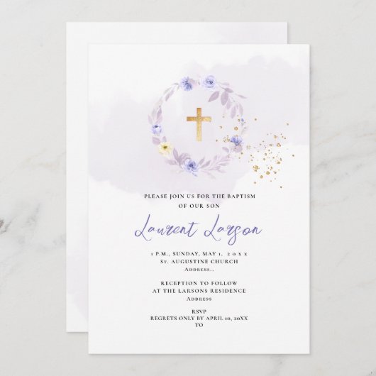 ArtsApp Elegante H2 Stof Paarse Rozen Doop Kaart (Voorkant / Achterkant)