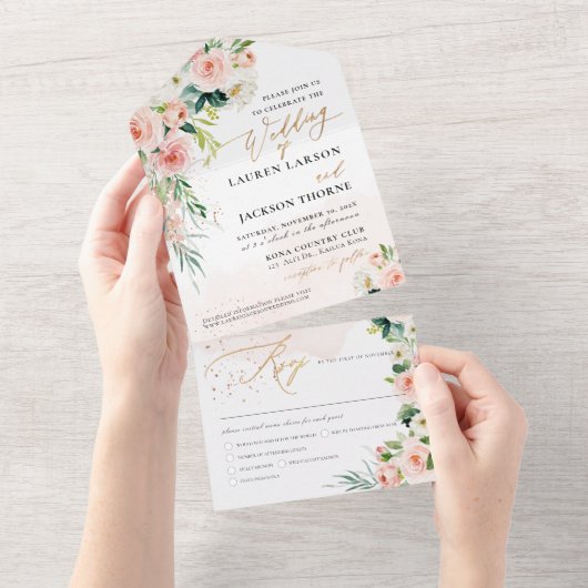 ArtsApp Elegante Roze Rozen Goudstof All In One Uitnodiging (Afscheurbaar)