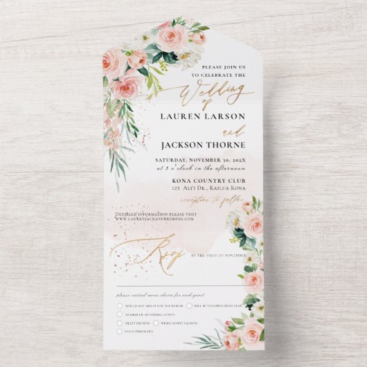 ArtsApp Elegante Roze Rozen Goudstof All In One Uitnodiging (Binnen)