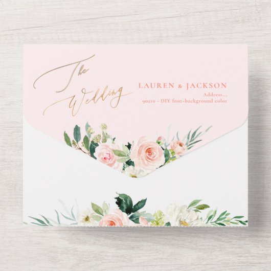 ArtsApp Elegante Roze Rozen Goudstof All In One Uitnodiging (Achterkant)