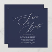 ArtsApp Faux Silver Calligraphy Navy Blue Save The Date (Voorkant / Achterkant)