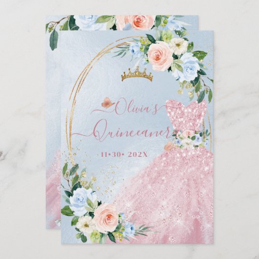 ArtsApp H2 Blush Blue Rozen Sparkling Quinceanera Kaart (Voorkant / Achterkant)