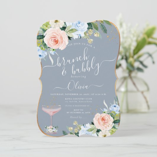 ArtsApp H2 Blush Roze Blauwe Rozen Brunch Bubbly Kaart (Staand voorkant)