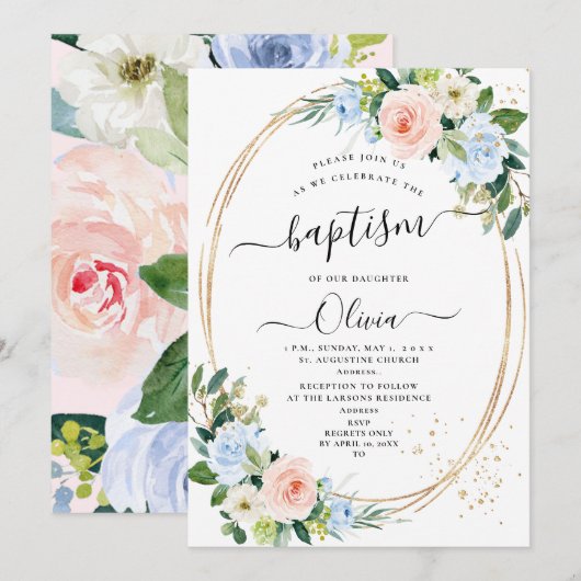 ArtsApp H2 Blush Roze Blauwe Rozen Doop Kaart (Voorkant / Achterkant)