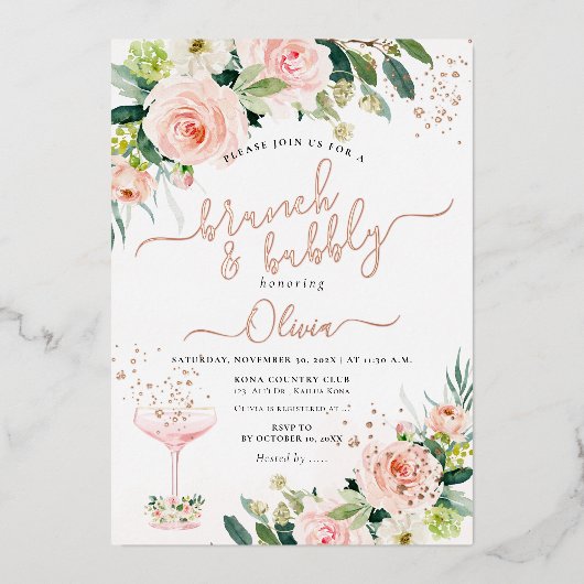 ArtsApp H2 Blush Roze Rozen Brunch Bubbly Folie Feestdagenkaart (Voorkant)