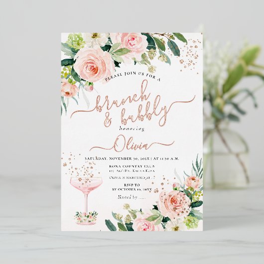 ArtsApp H2 Blush Roze Rozen Brunch Bubbly Folie Feestdagenkaart (Staand Voorkant)