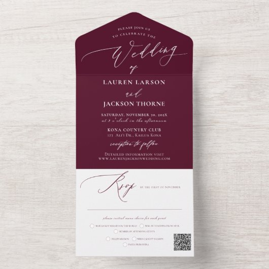ArtsApp Modern Calligrafie Burgundy Wedding All In One Uitnodiging (Binnen)