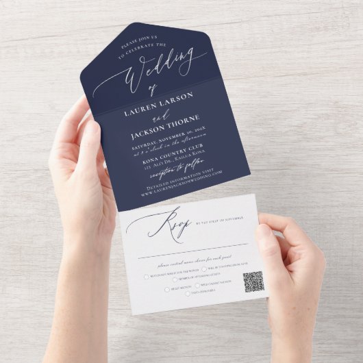 ArtsApp Modern Calligrafie Navy Blue Wedding All In One Uitnodiging (Afscheurbaar)