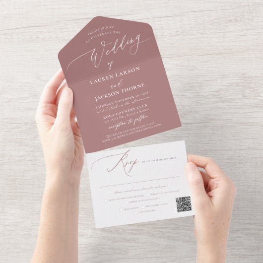 ArtsApp Modern Calligraphy Dusty Roos Wedding All In One Uitnodiging (Afscheurbaar)