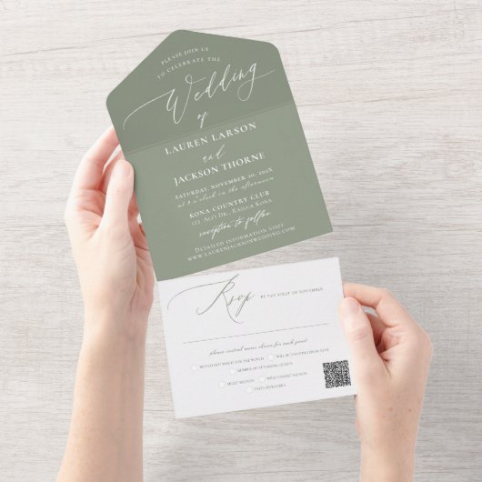 ArtsApp Modern Calligraphy Sage Green Wedding All In One Uitnodiging (Afscheurbaar)