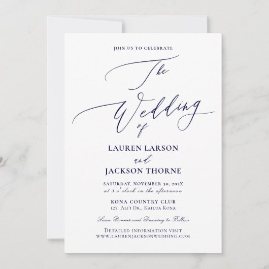 ArtsApp Navy Blue Luxe Calligrafie Bruiloft Kaart (Voorkant)