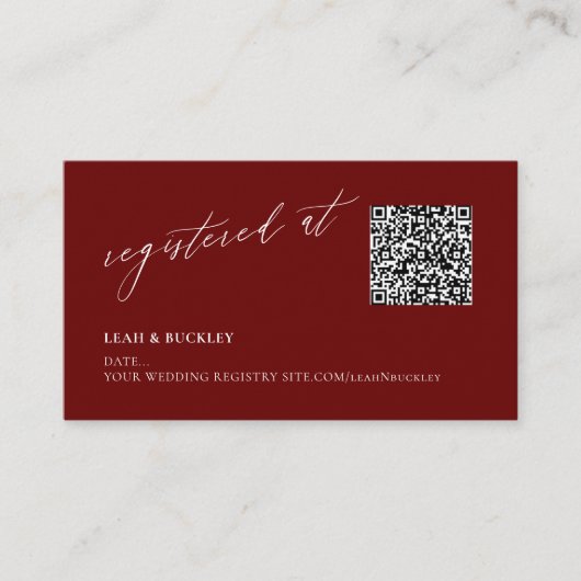 ArtsApp QR Code Burgundy Registry Luxe Calligrafie Informatiekaartje (Voorkant)