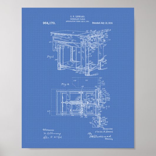 Artsen Tabel 1910 Patent Art Blueprint Poster (Voorkant)