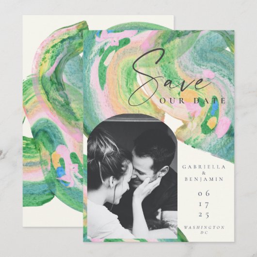 Artsy Abstract Groene Waterverf Foto bruiloft Save The Date (Voorkant / Achterkant)