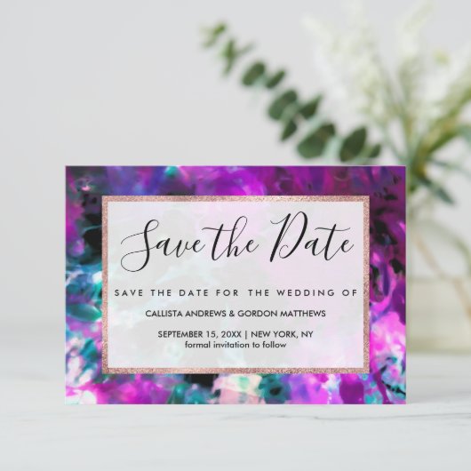 Artsy Abstract Modern Black Paars Tie Dye Save The Date (Staand voorkant)