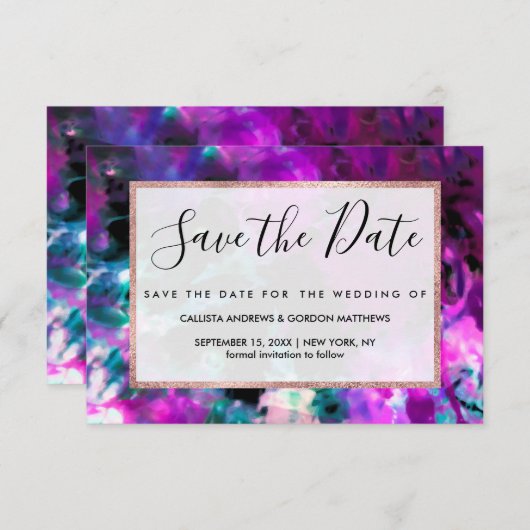 Artsy Abstract Modern Black Paars Tie Dye Save The Date (Voorkant / Achterkant)