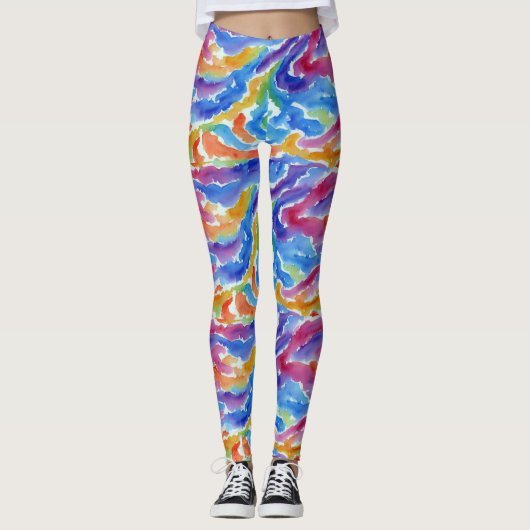Artsy Abstracte Regenboog Waterverf Stripes Paint Leggings (Voorkant)
