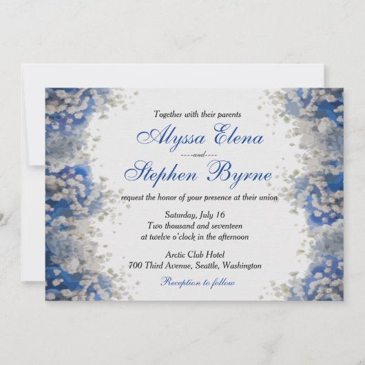 Artsy Baby's Breath on Blue Petals Wedding Invite Kaart (Voorkant)