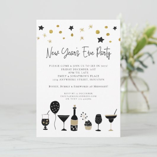 Artsy Black Gold New Years Eve Party Kaart (Staand voorkant)