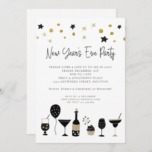 Artsy Black Gold New Years Eve Party Kaart (Voorkant / Achterkant)