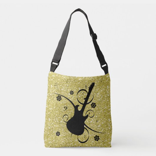 Artsy Black Guitar en Flowers Gold Faux Glitter Crossbody Tas (Voorkant)