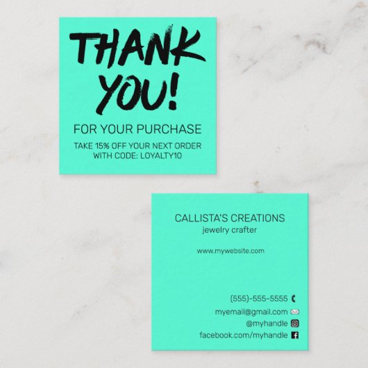 Artsy Black Neon Mint Klantkorting Bedankt Vierkante Visitekaartje (Voorkant / Achterkant)