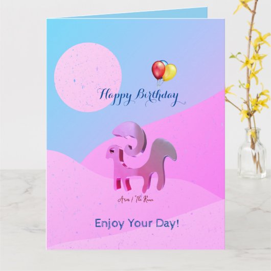 Artsy Blauw Roze Verjaardag Ram Groet Kaart (Gele Bloem)