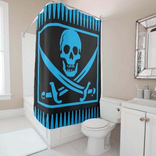 Artsy Blauwe Piratenschedel Douchegordijn (In situ)