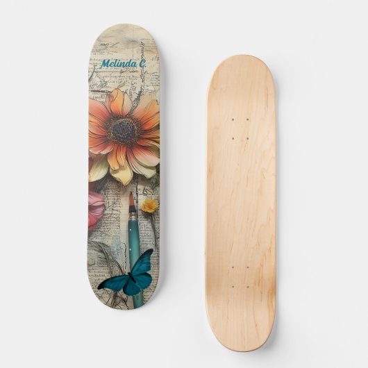Artsy  Bloemen & Vlinder Schaats Deck Persoonlijk Skateboard (Voorkant)