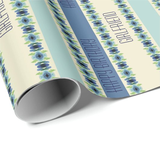 Artsy bloemmotief in blauw cadeaupapier (Rol Hoek)