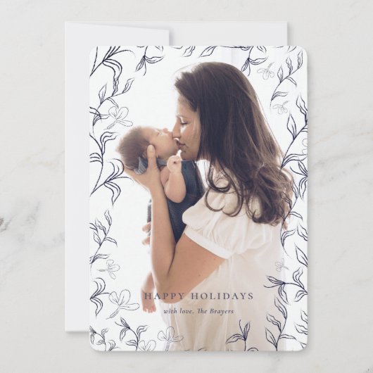 Artsy Blue Sketched Foliage Lijst Foto Feestdagenkaart (Voorkant)