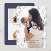 Artsy Blue Sketched Foliage Lijst Foto Feestdagenkaart (Voorkant / Achterkant)