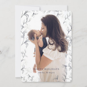 Artsy Blue Sketched Foliage Lijst Foto Feestdagenkaart