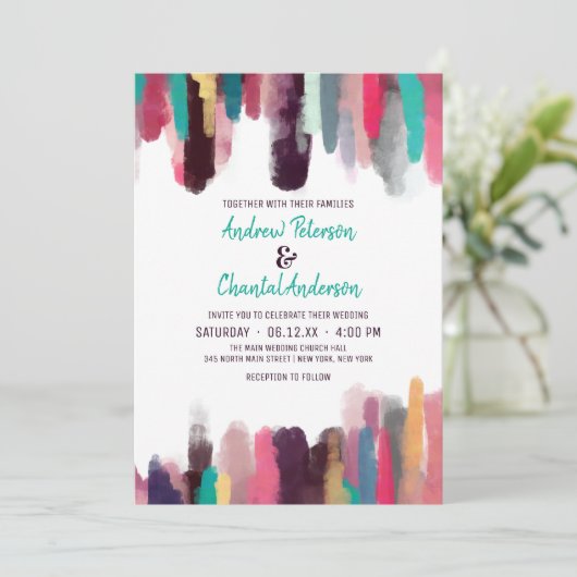 Artsy Chic Abstracte Kleurrijke Verf Smudge Weddin Kaart (Staand voorkant)