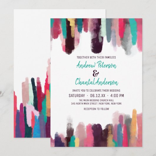 Artsy Chic Abstracte Kleurrijke Verf Smudge Weddin Kaart (Voorkant / Achterkant)