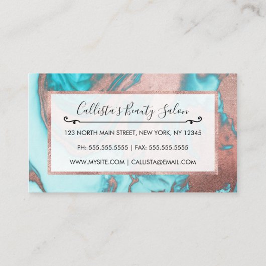 Artsy Chic Roos Gold Aqua Mint Blue Marble Patroon Afsprakenkaartje (Achterkant)