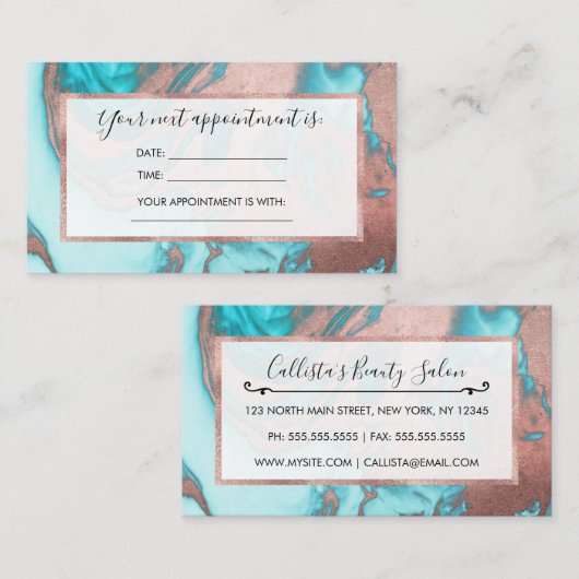 Artsy Chic Roos Gold Aqua Mint Blue Marble Patroon Afsprakenkaartje (Voorkant / Achterkant)