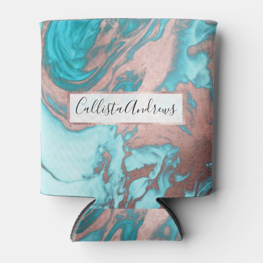 Artsy Chic Roos Gold Aqua Mint Blue Marble Patroon Blikjeskoeler (Voorkant)