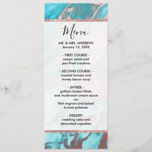 Artsy Chic Roos Gold Aqua Mint Blue Marble Patroon Menu (Voorkant)