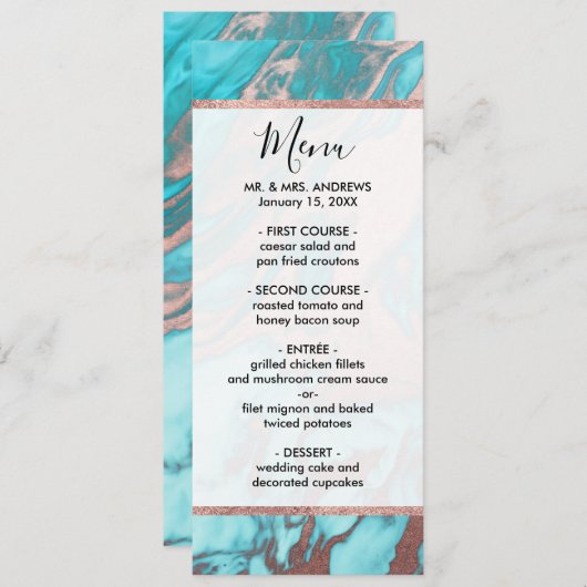 Artsy Chic Roos Gold Aqua Mint Blue Marble Patroon Menu (Voorkant / Achterkant)