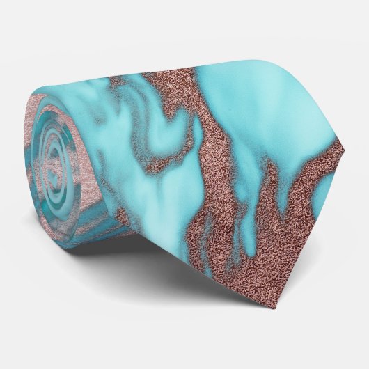 Artsy Chic Roos Gold Aqua Mint Blue Marble Patroon Stropdas (Opgerold)