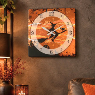 Artsy, Coole Vliegende Heks Silhouet Halloween Vierkante Klok