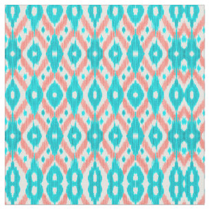 Artsy Coral Blauwgroen Abstract Ikat geometrisch p Stof